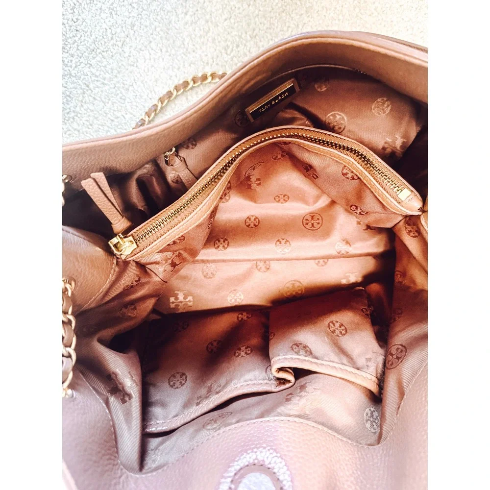 Tory Burch Amanda Large Tote Pebbled Leather Chain Shoulder Bag Camel Tan